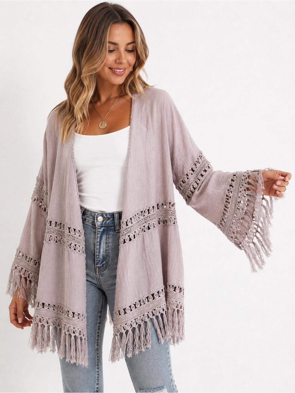 Dreamers Mauve Fringe Crochet Kimono Cover-Up